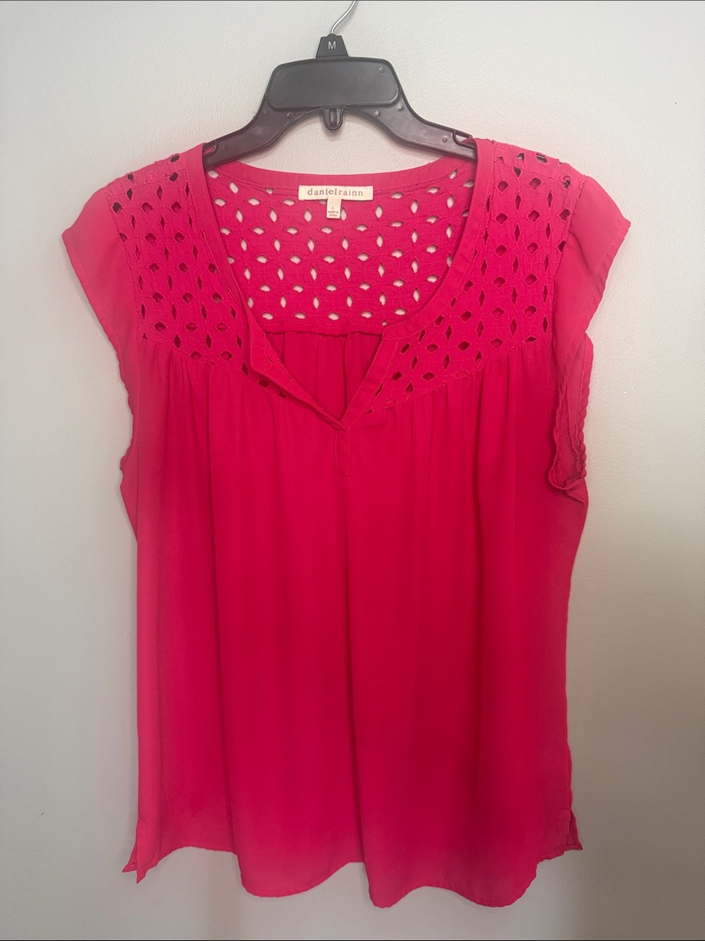 Daniel Rainn Hot Pink Eyelet Yoke Cap-Sleeve Blouse